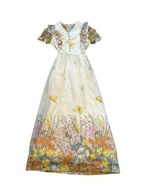 Vintage 50s Handmade Maxi Dress Floral Butterflies Prairie Cottage Fairy